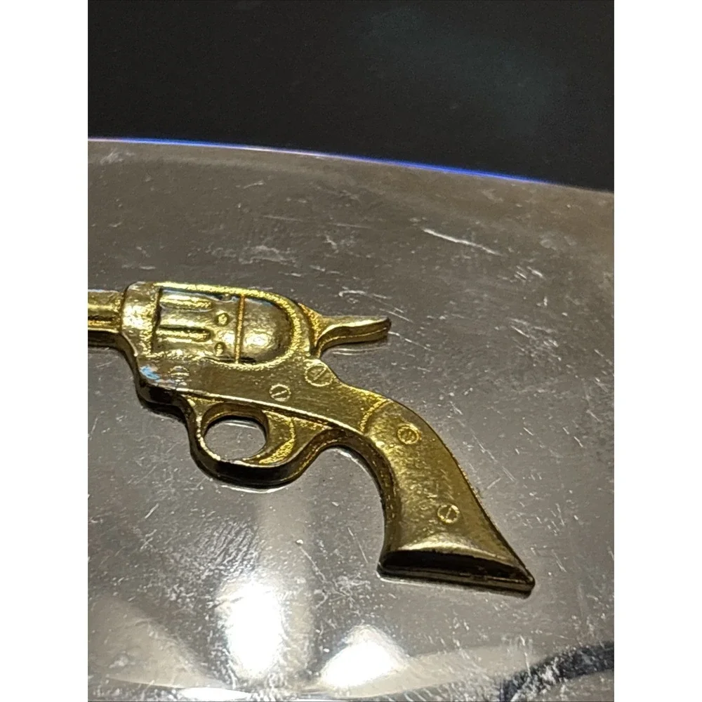 Vintage Made In USA Silver Tone Belt Buckle Gold Revolver Western Pistol Gun